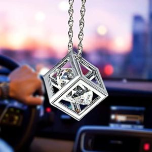 Bling Car Decor Clear Diamond Cube Rear View Mirror Charms, Floating Crystal Car Mirror Charms, Sun Catcher Hanging Ornament w/Chain, Bling Car Accessories, Car Charm & Home Decor Ornament (Clear)